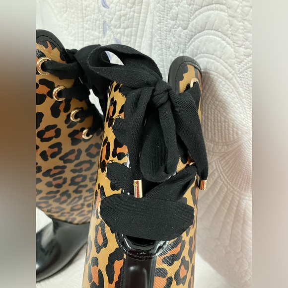 COACH Leopard/Solid Black Rain Boots with Gold Coach Grommets, Black/Gold Laces - Picture 7 of 16